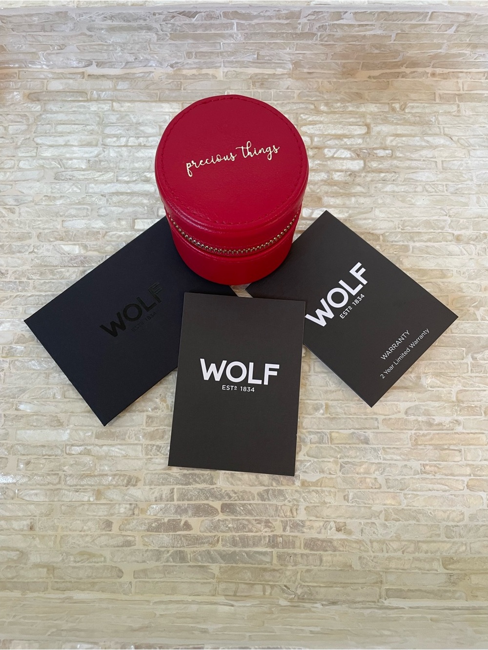WOLF Red Round Jewelry Case with Gold Script - Picture 2 of 8